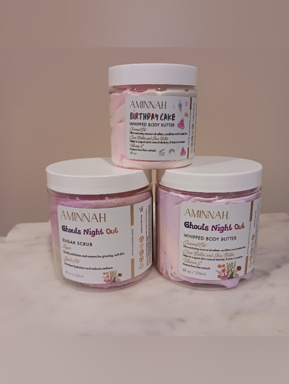 Aminnah 3PC Ghouls Nighr Out Sugar Scrub Whipped Body Butter Birthday Cake